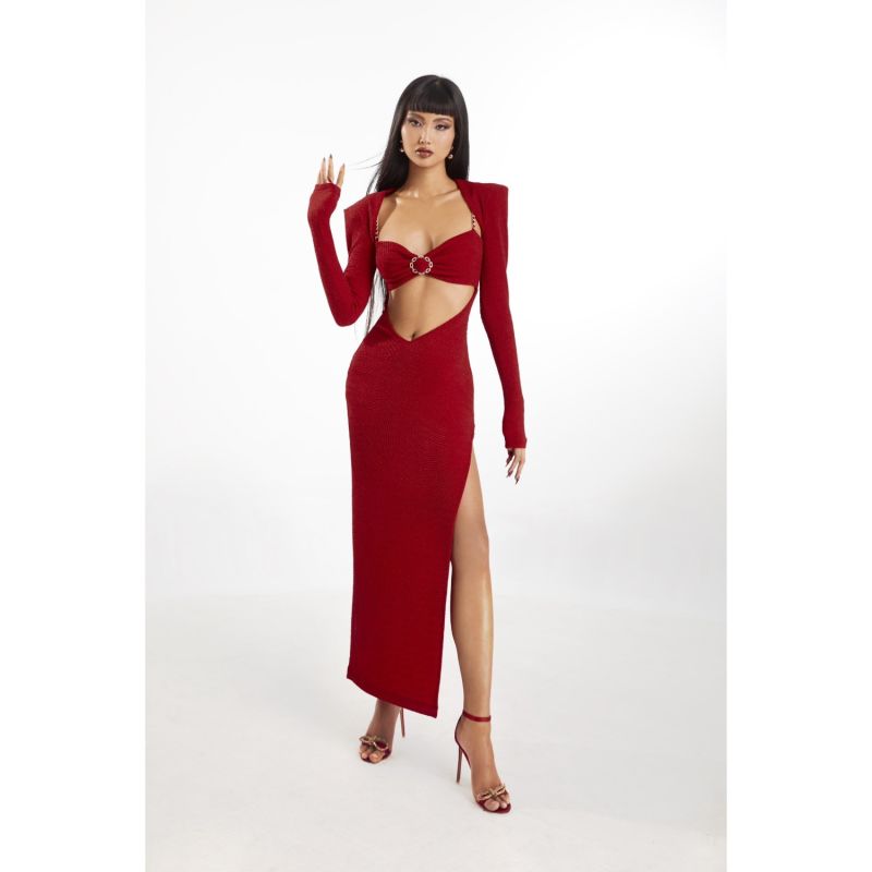 Red High Split Jersey Maxi Dress With Coat image