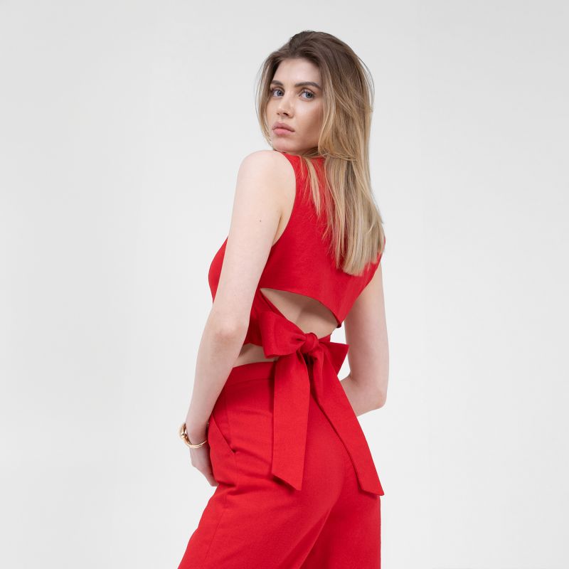 Red Linen Suit With Cut-Out Vest And Straight-Cut Trousers image