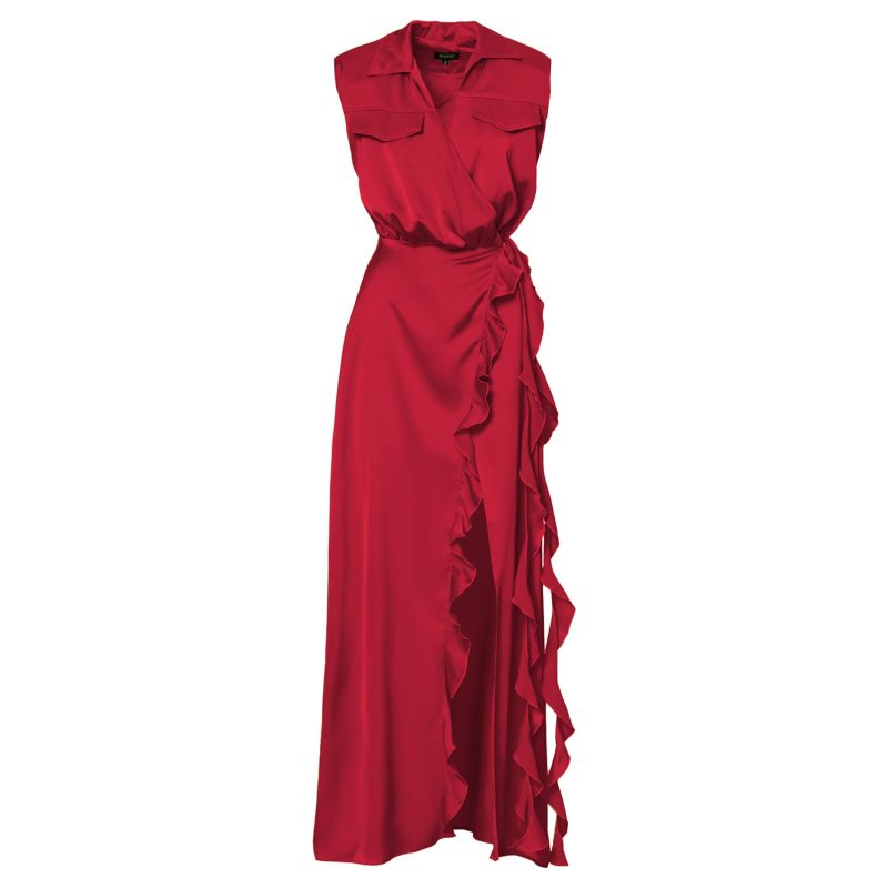 Red Maxi Dress With Oversized Shoulders And Ruffled Slit image