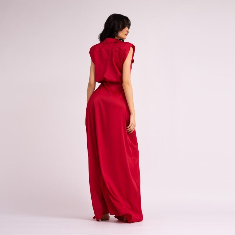 Red Maxi Dress With Oversized Shoulders And Ruffled Slit image