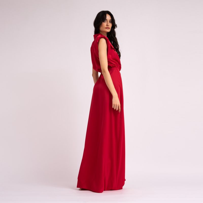 Red Maxi Dress With Oversized Shoulders And Ruffled Slit image