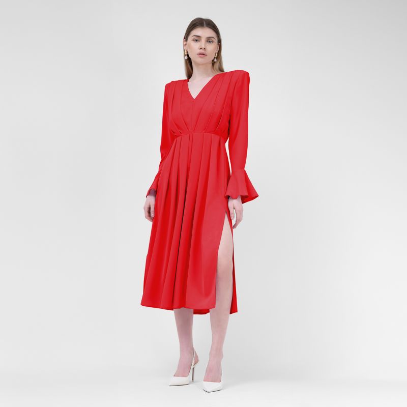 Red  Midi Dress With Pleats And Proeminent Shoulders image