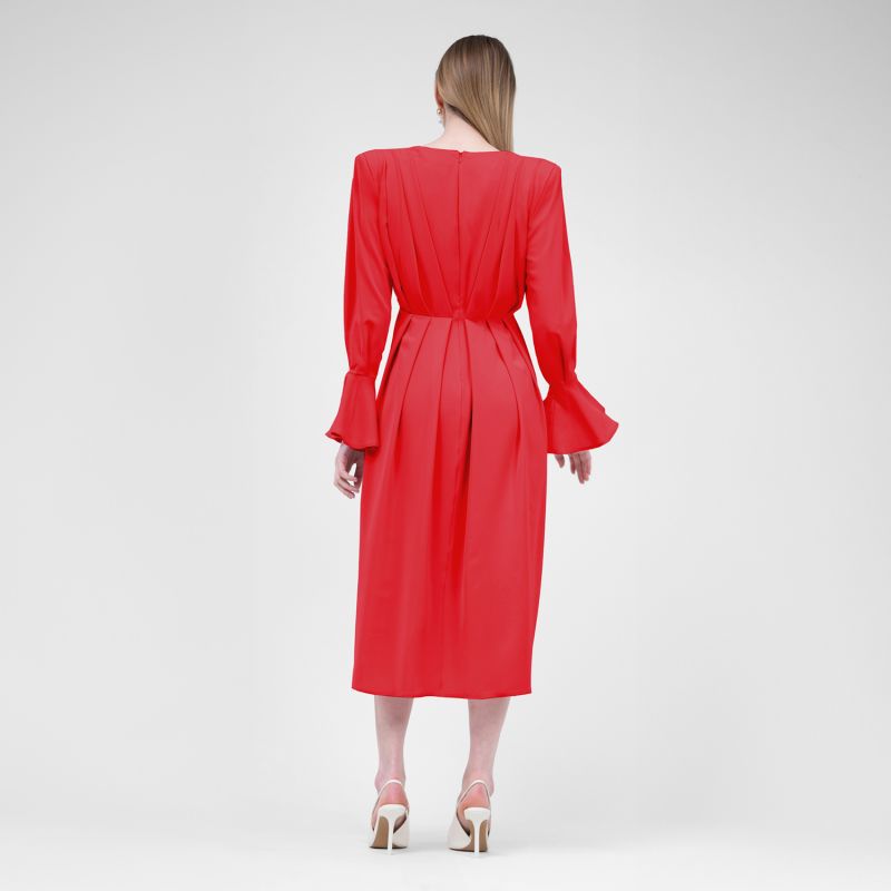 Red  Midi Dress With Pleats And Proeminent Shoulders image