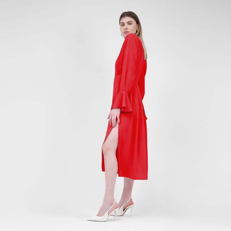 Red  Midi Dress With Pleats And Proeminent Shoulders image