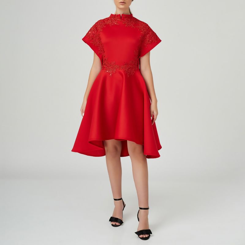 Red Neoprene Embroidered Midi Dress image