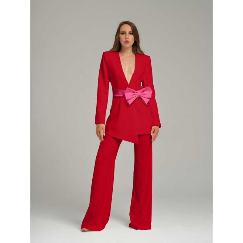 Red Pearl Power Suit With Pink Bow Belt | Tia Dorraine | Wolf & Badger