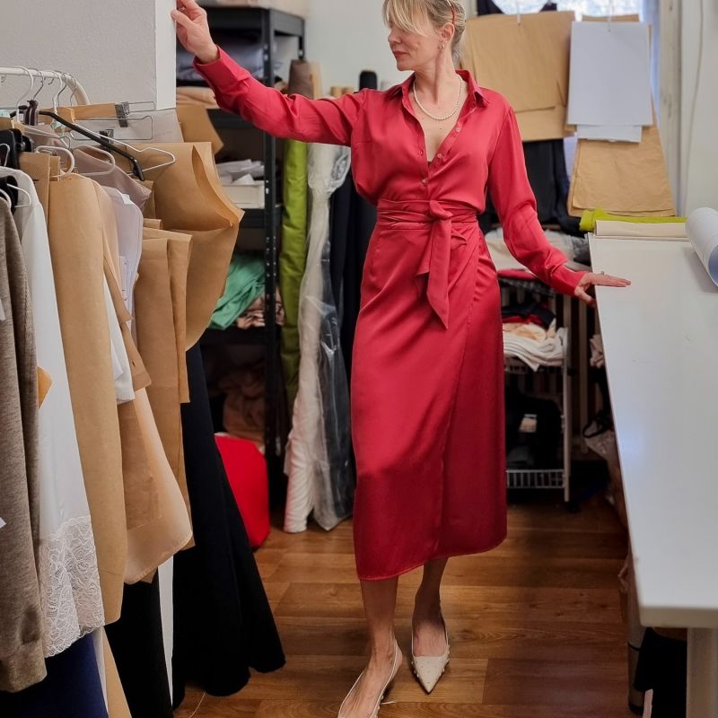 Red Shirt With Wrap Skirt Set image