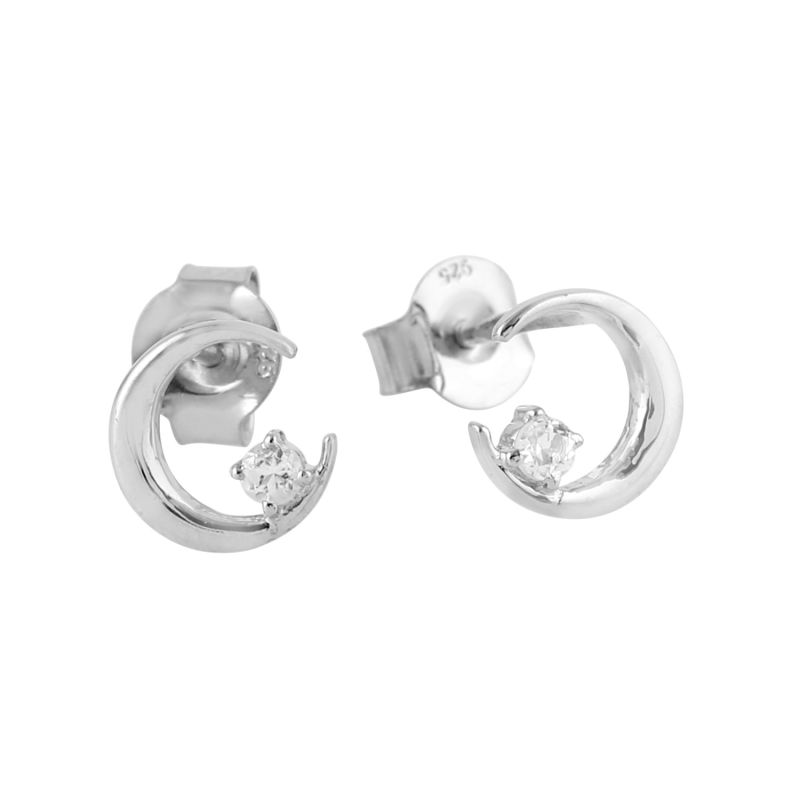 Natural White Topaz In 925 Sterling Silver White Plated Crescent Moon Stud Earrings image