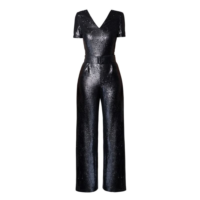 Naomi Black Sequin Jumpsuit With V-Shaped Back And Belt image