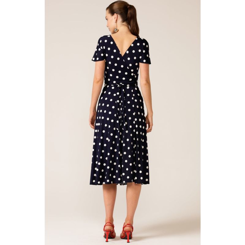 Reverse Wrap Midi Dress In Navy Spot | SACHA DRAKE | Wolf & Badger