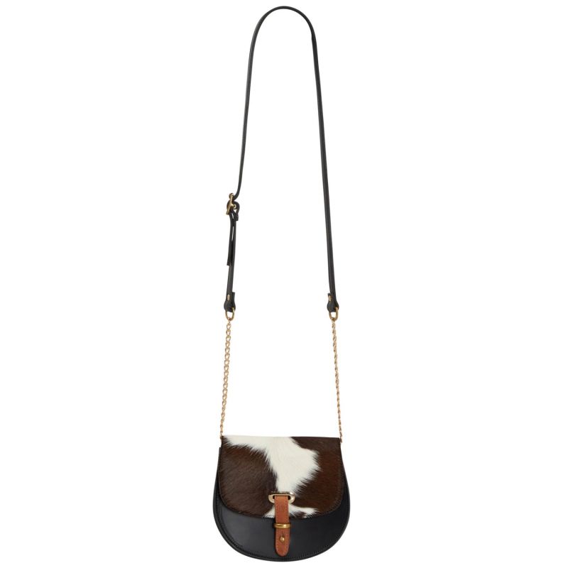 Mini Victoria Cow Hair Full Grain Black Leather Crossbody Saddle Bag With Gold Chain image