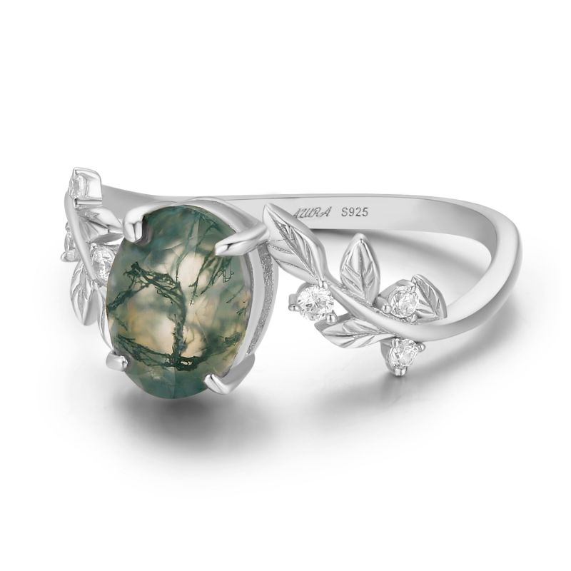 Between The Leaf Oval Moss Agate Ring White Gold Vermeil© image