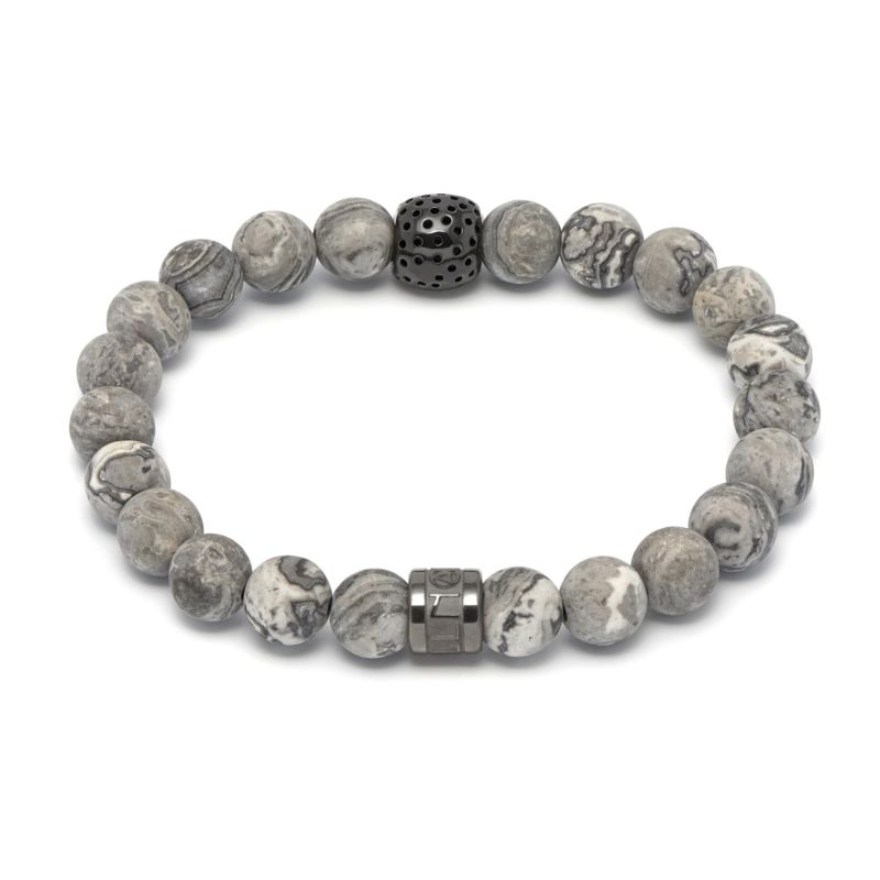 Matte Black Picture Jasper & Perforated Gunmetal Skull Charm Bracelet image