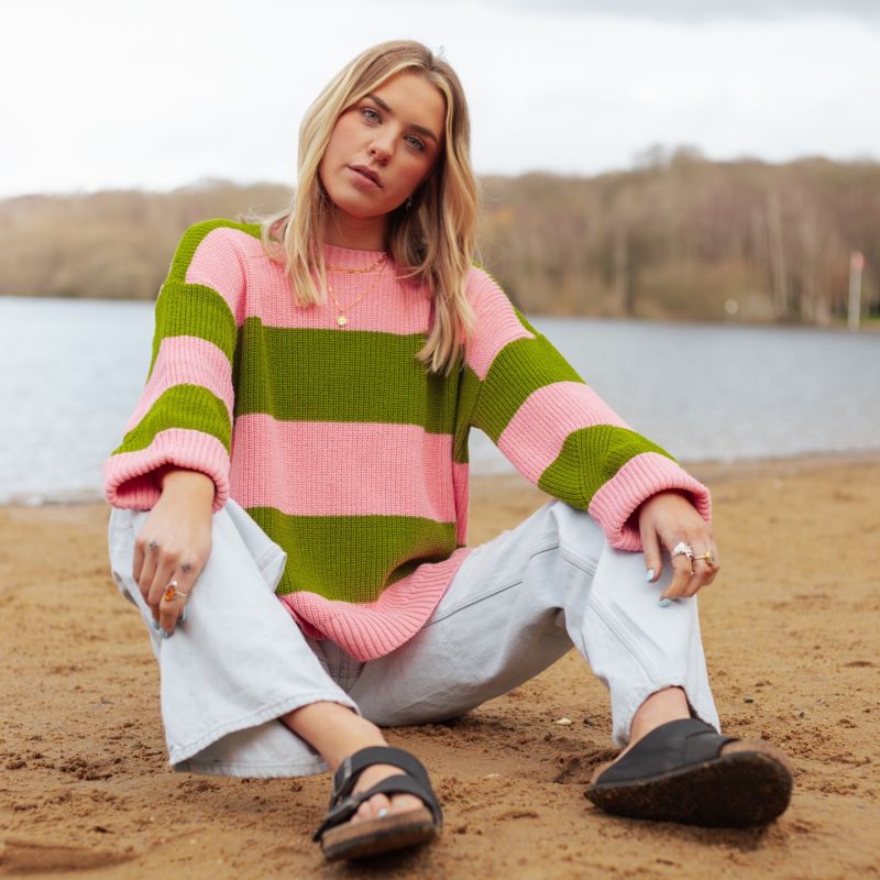 Rhiannon Recycled Cotton Chunky Stripe Jumper - Pink And Green image