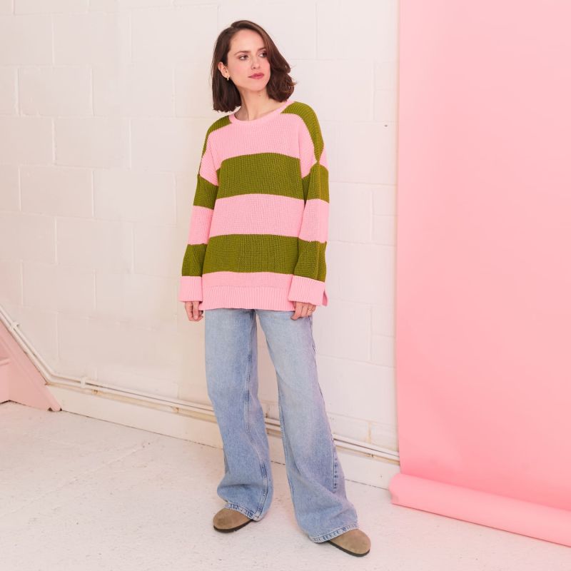 Rhiannon Recycled Cotton Chunky Stripe Jumper - Pink And Green image