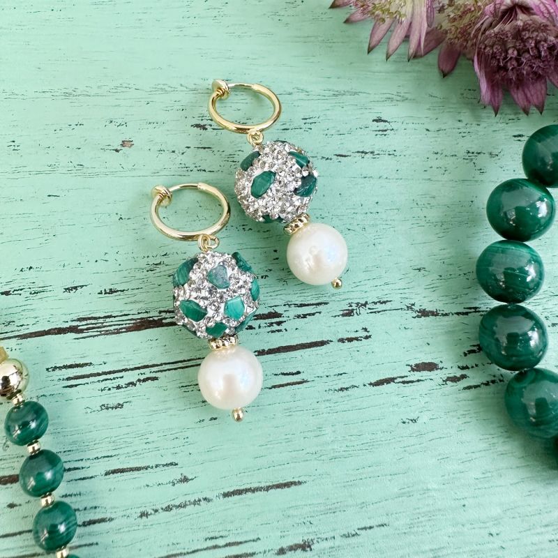 Rhinestones With Malachite & Freshwater Pearls Dangle Earrings image