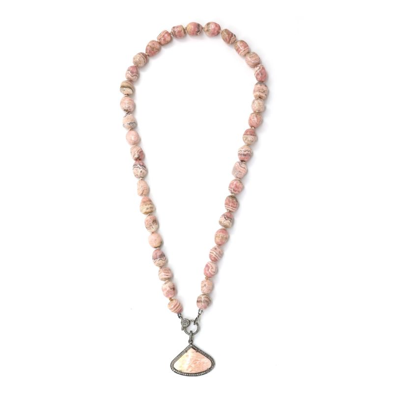 Rhodochrosite & Diamonds Silk Knotted Beaded Necklace image