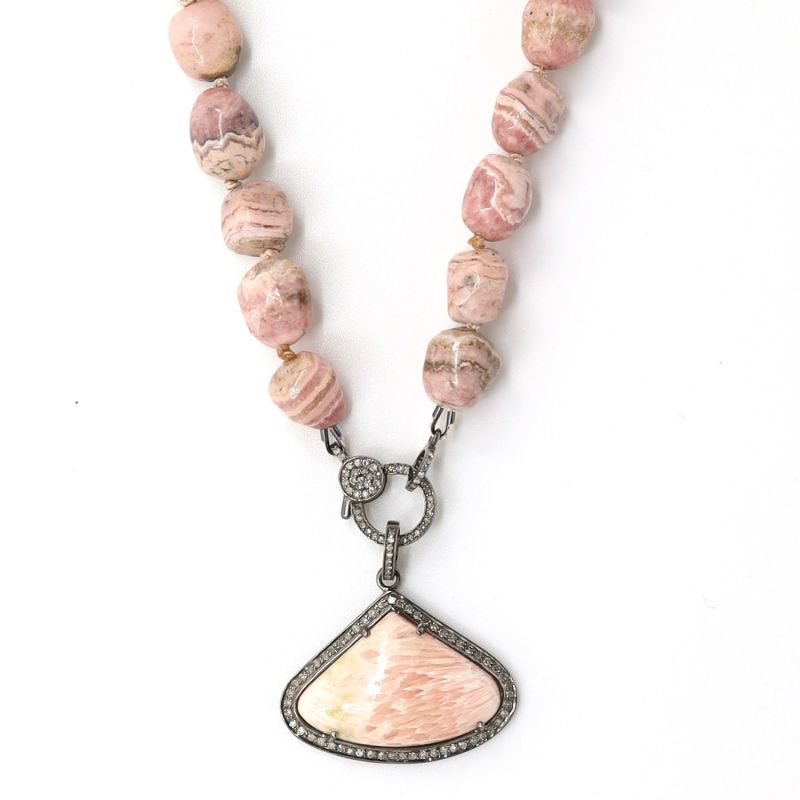 Rhodochrosite & Diamonds Silk Knotted Beaded Necklace image