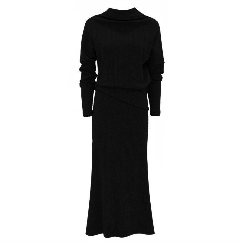 Rib Knit Suit Asymmetric Blouse & Basic Skirt Black image