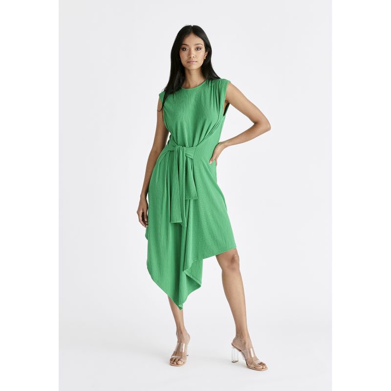 Ribbed Asymmetric Hem Dress In Green image