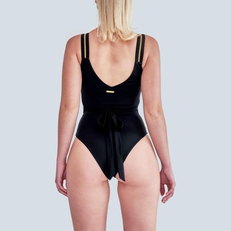 Ripple High Leg One Piece Swimwear With Zip Details In Black