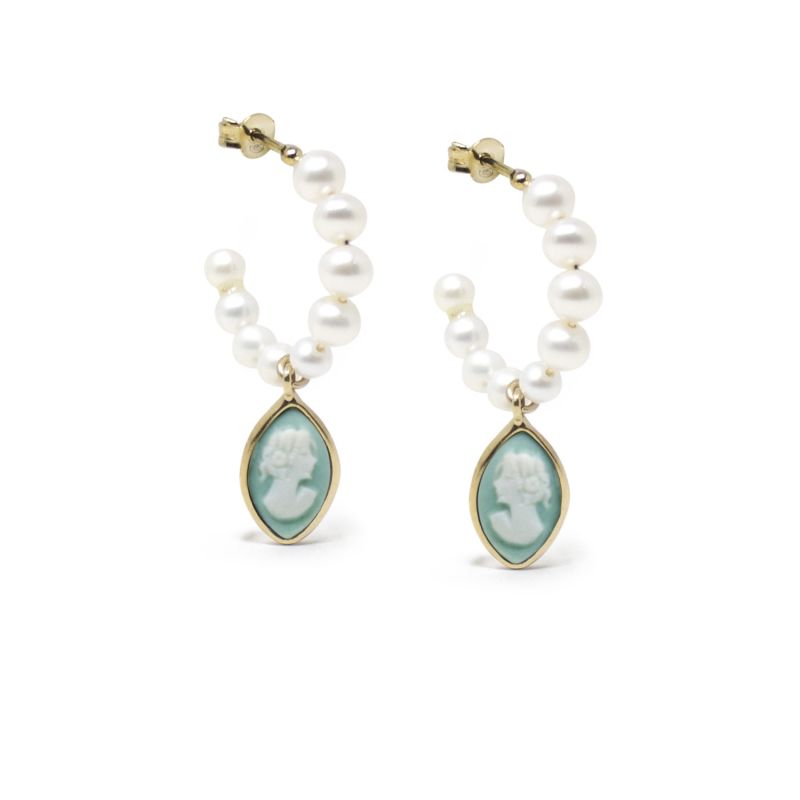 April Gold-Plated Pearl And Green Cameo Hoop Earrings image