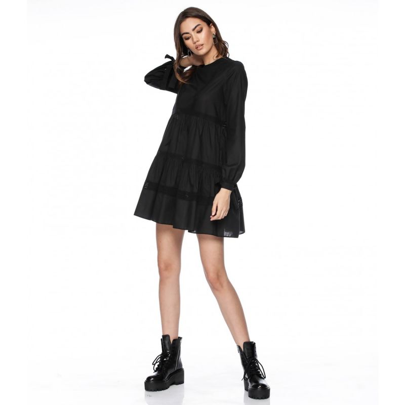 Edith A Line Black Cotton Dress With Lace Insertions image