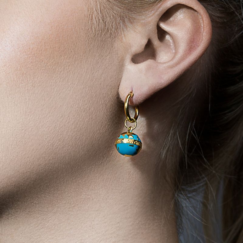 Turquoise Enamel & 18Kt Gold Plated Globe Earring On Gold Hoop. image