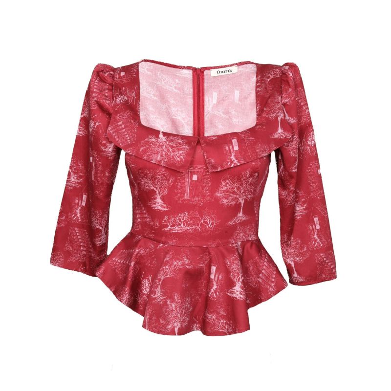 Mari Peplum Portrait Top In Ruby Red & Alabaster White Cotton Toile image