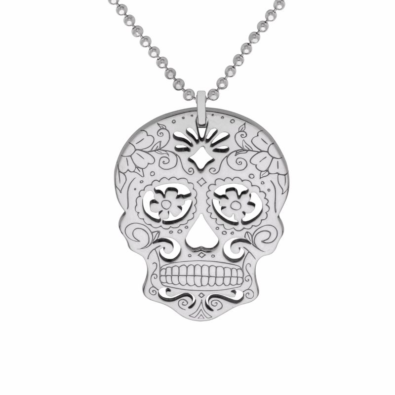 Large Silver Sugar Skull With Flower Eyes Pendant Necklace image