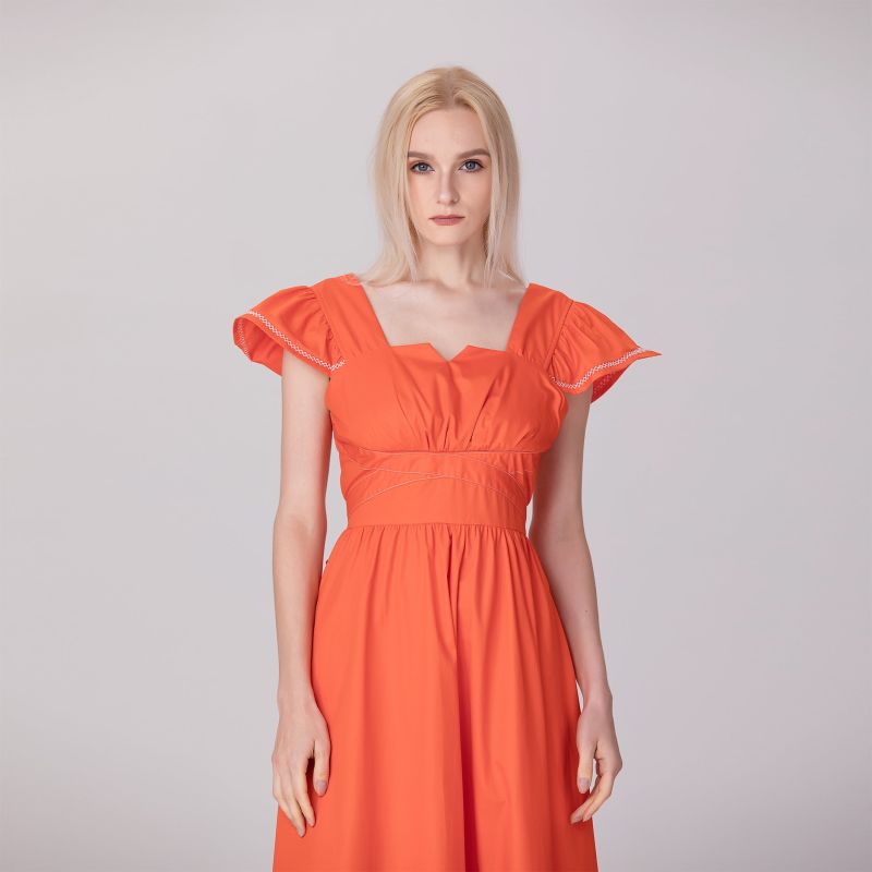 Ruffle Sleeves Square Cleavage Dress - Orange image