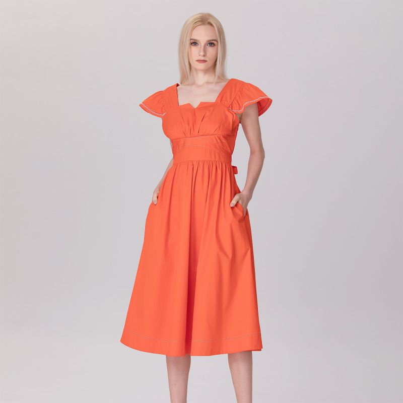 Ruffle Sleeves Square Cleavage Dress - Orange image