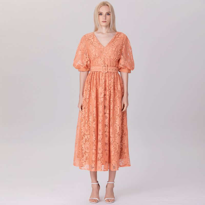 All-Lace Puffy Sleeves Dress With Belt - Apricot image