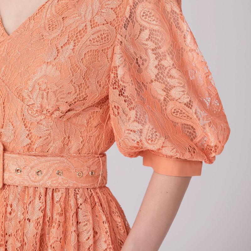 All-Lace Puffy Sleeves Dress With Belt - Apricot image