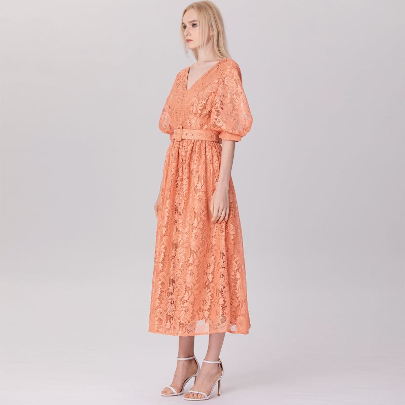 All-Lace Puffy Sleeves Dress With Belt - Apricot image