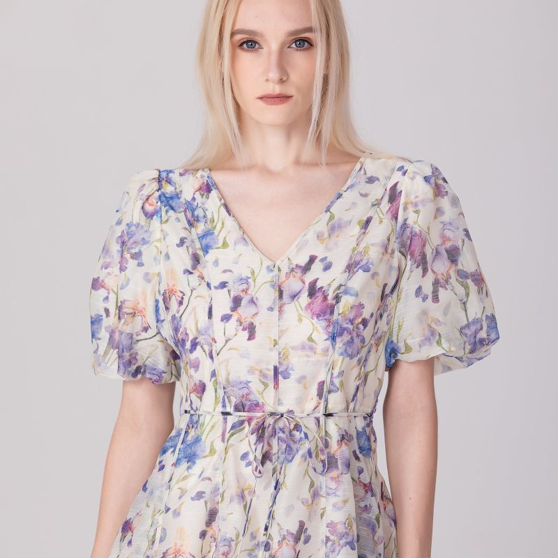 Flower Print Fit-And-Flare Tea Organza Dress - Multicolor image