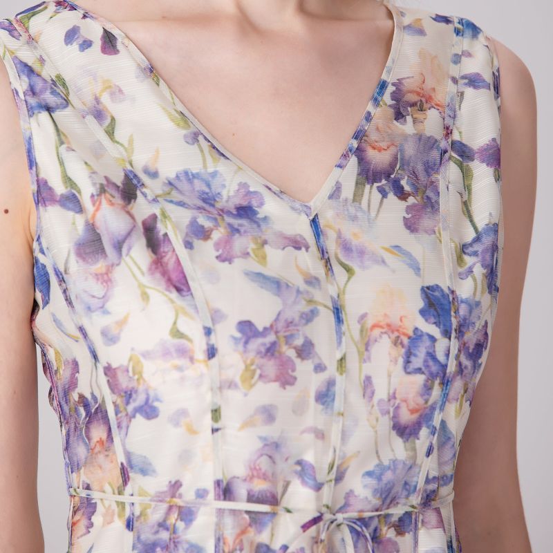 Flower Print Sleeveless Tea Organza Dress - Multicolor image