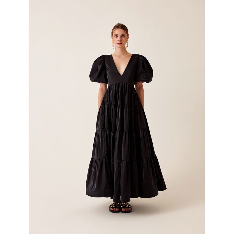 Robin Black Poplin Puff Sleeve Avantgarde Maxi Summer Dress image