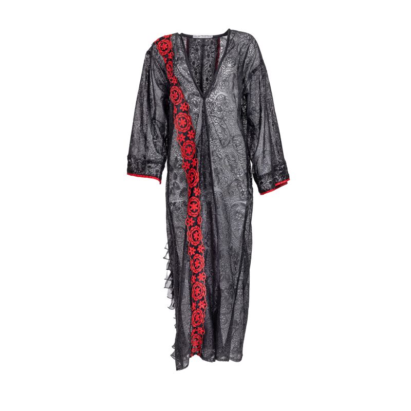 Rome - Black Sequin Lace Robe With Scarlett Flower Trim And Chiffon Frill Feature image