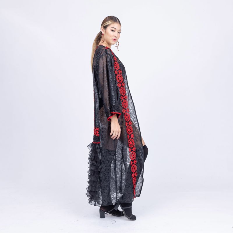 Rome - Black Sequin Lace Robe With Scarlett Flower Trim And Chiffon Frill Feature image