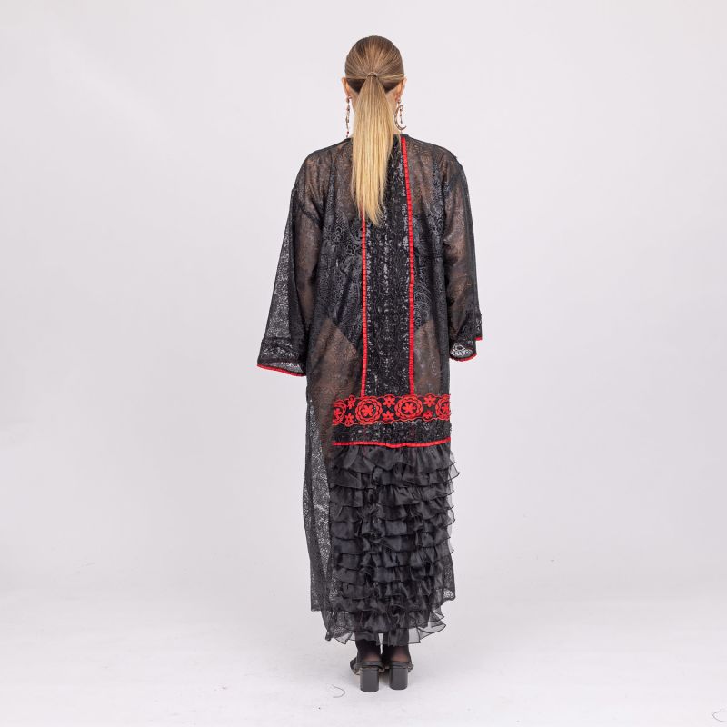 Rome - Black Sequin Lace Robe With Scarlett Flower Trim And Chiffon Frill Feature image