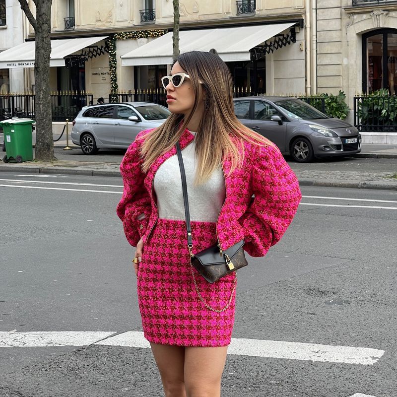 Roselenda Pink Houndstootch Jacket And Mini Skirt Set Selen Jewels