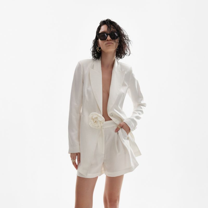 Rosette Appliqué Blazer In White Linen – Limited Edition image