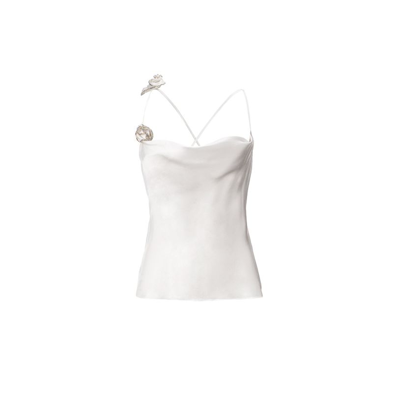 Rosette AppliquéS Silk Top In Ivory image