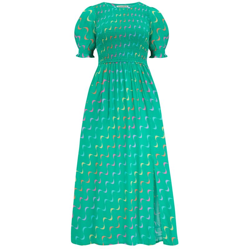 Rosita Midi Shirred Dress Green, Undulating Waves image