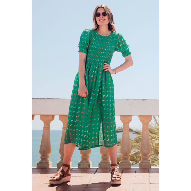 Rosita Midi Shirred Dress Green, Undulating Waves image