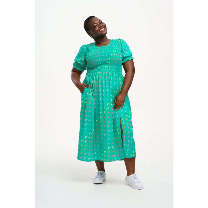 Rosita Midi Shirred Dress Green, Undulating Waves image