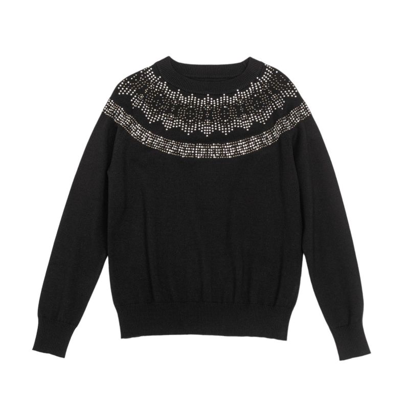 Round Neck Sweater With Rhinestones On Neckline Black image
