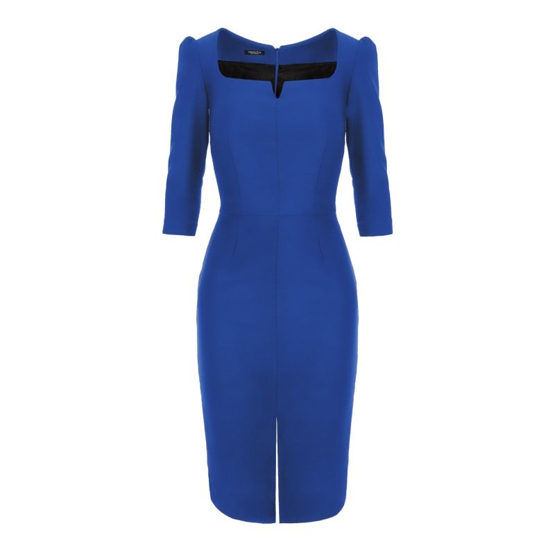 Rounded Neckline Midi Dress With Front Slit - Blue image