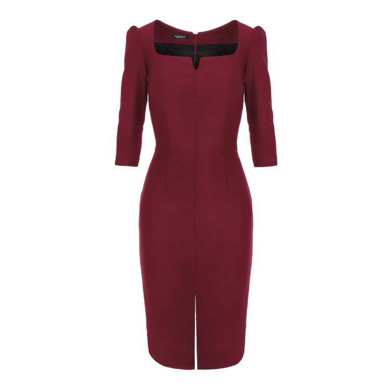 Rounded Neckline Midi Dress With Front Slit - Burgundy image